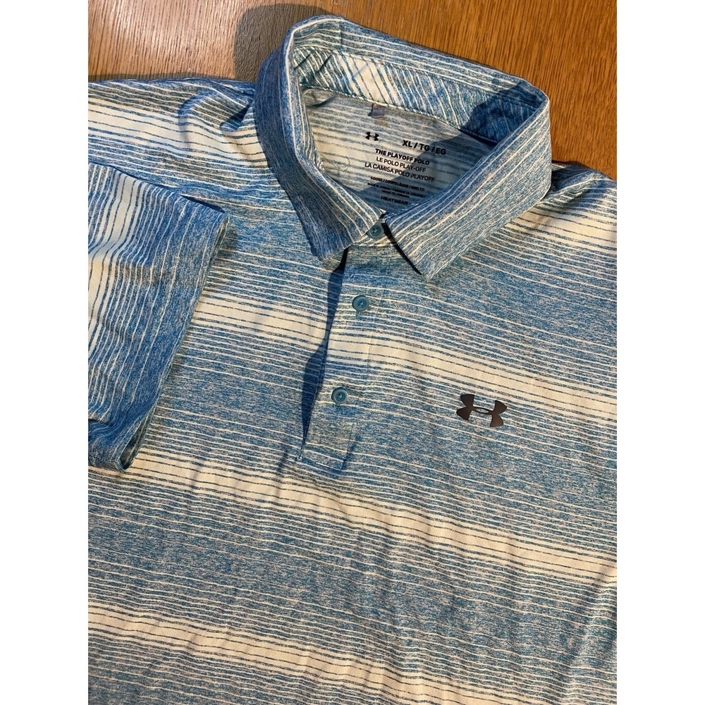 Under Armour Polo Shirt Men XL Teal Striped The Playoff Polo Performance Stretch